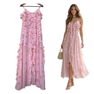 Jessica Simpson Pink Floral Ruffled Maxi Dress Size XL Spaghetti Straps